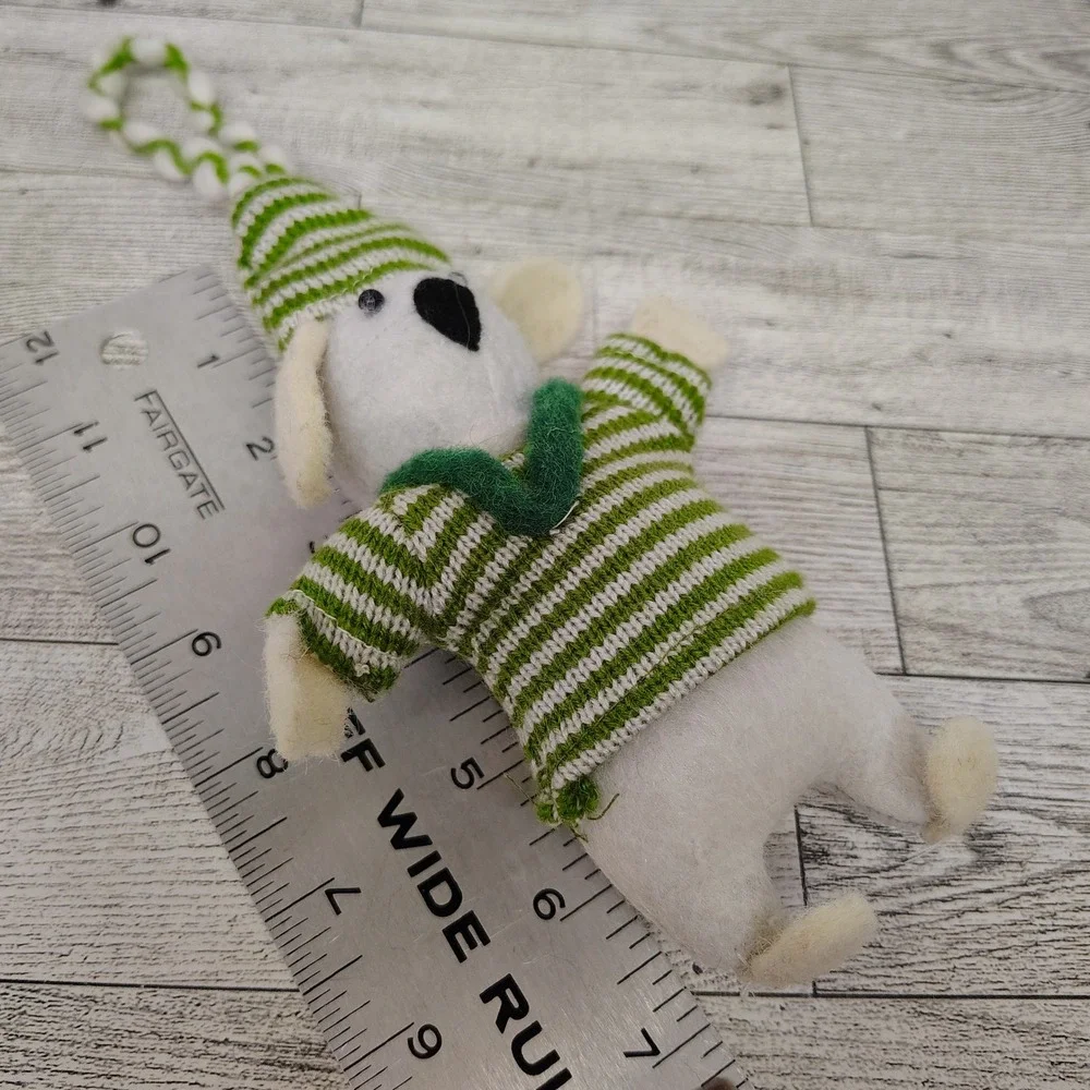 Dog Christmas Ornament‎ Green Striped Sweater Hat Holiday Decor Cute Puppy